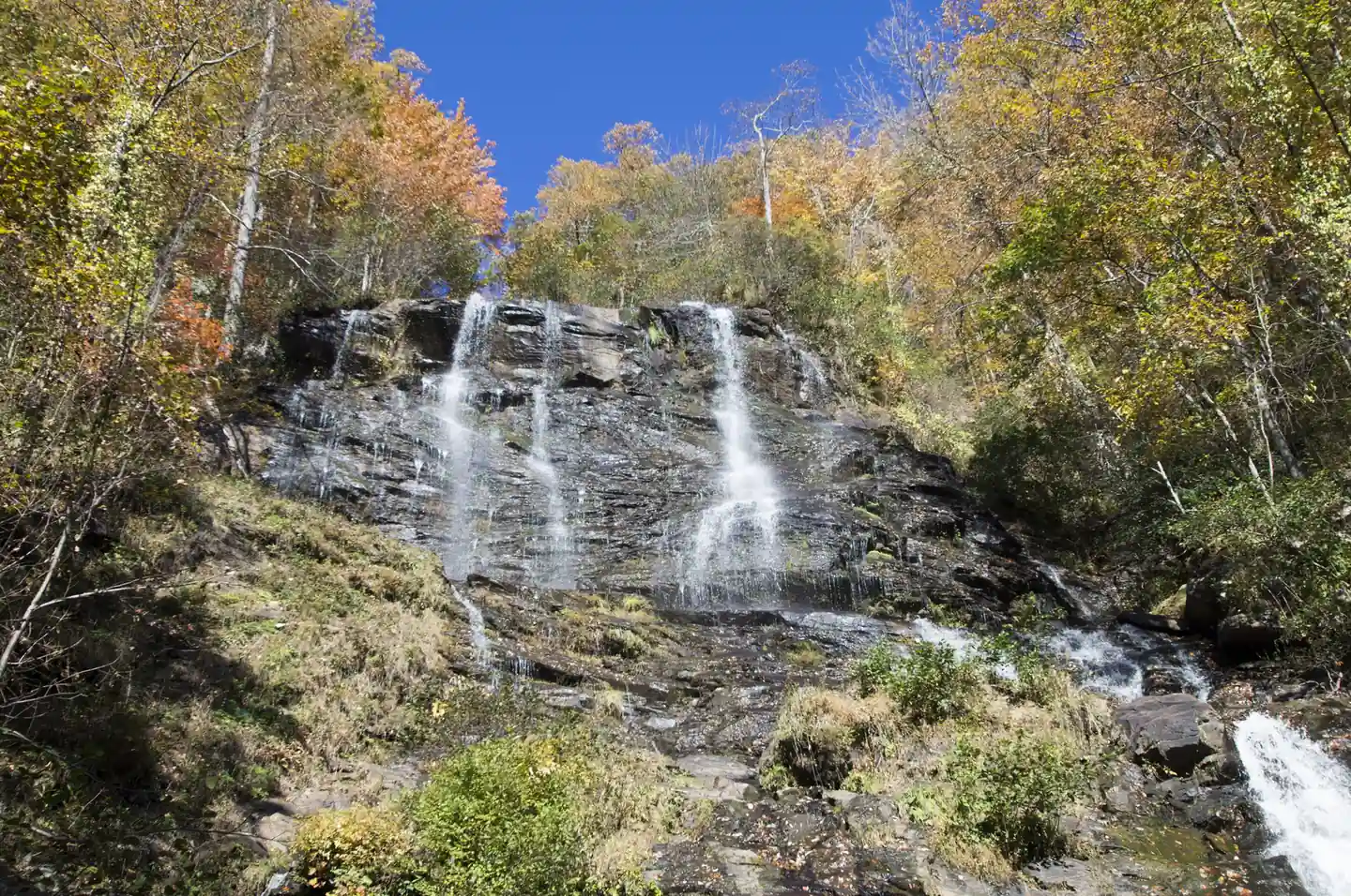 A broad dark rock face with two thin white streams falling down it at low autumn flow, framed by yellow and orange fall trees under a deep blue sky; a whitewater chute in the lower right corner and grassy rock ledges in front.