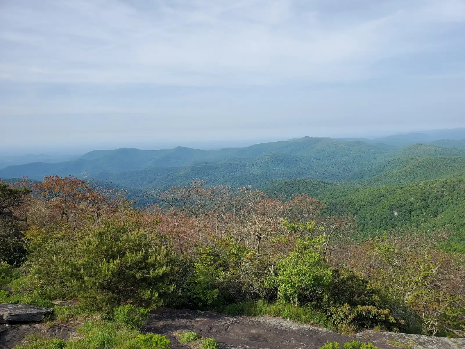 Wide view from a granite outcrop near Blood Mountain's summit: bare grey rock and green shrubs in the foreground, pink-blooming and leafing-out trees in the middle, then wave after wave of forested blue-green ridges receding to a hazy horizon under a pale streaky sky.