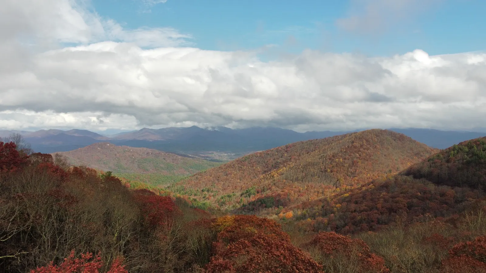 Peak-fall panorama: rolling ridges blanketed in red, orange and gold foliage, deep red shrubs in the foreground, distant blue-purple mountain range under a band of big white clouds and blue sky. No buildings or people.