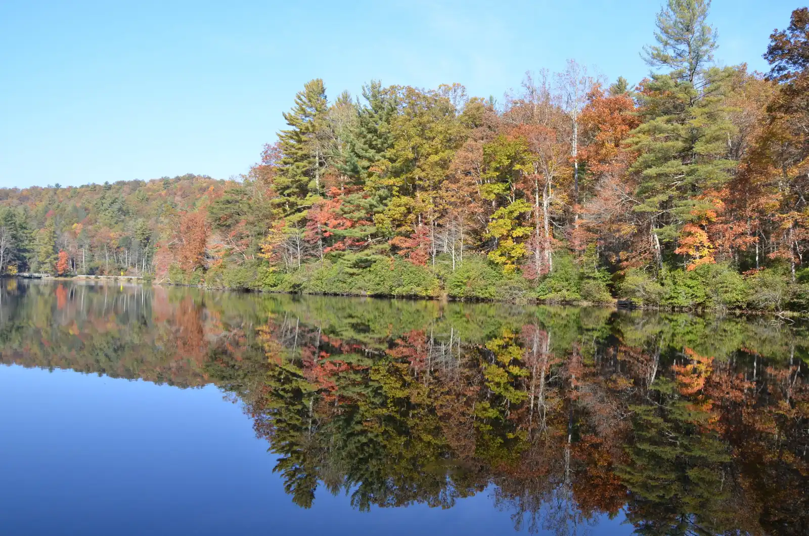 Still Lake Winfield Scott on a clear fall day: a wooded point of pines and red, orange and yellow hardwoods mirrored in deep-blue water, clear blue sky above, a distant dam/shoreline at far left.
