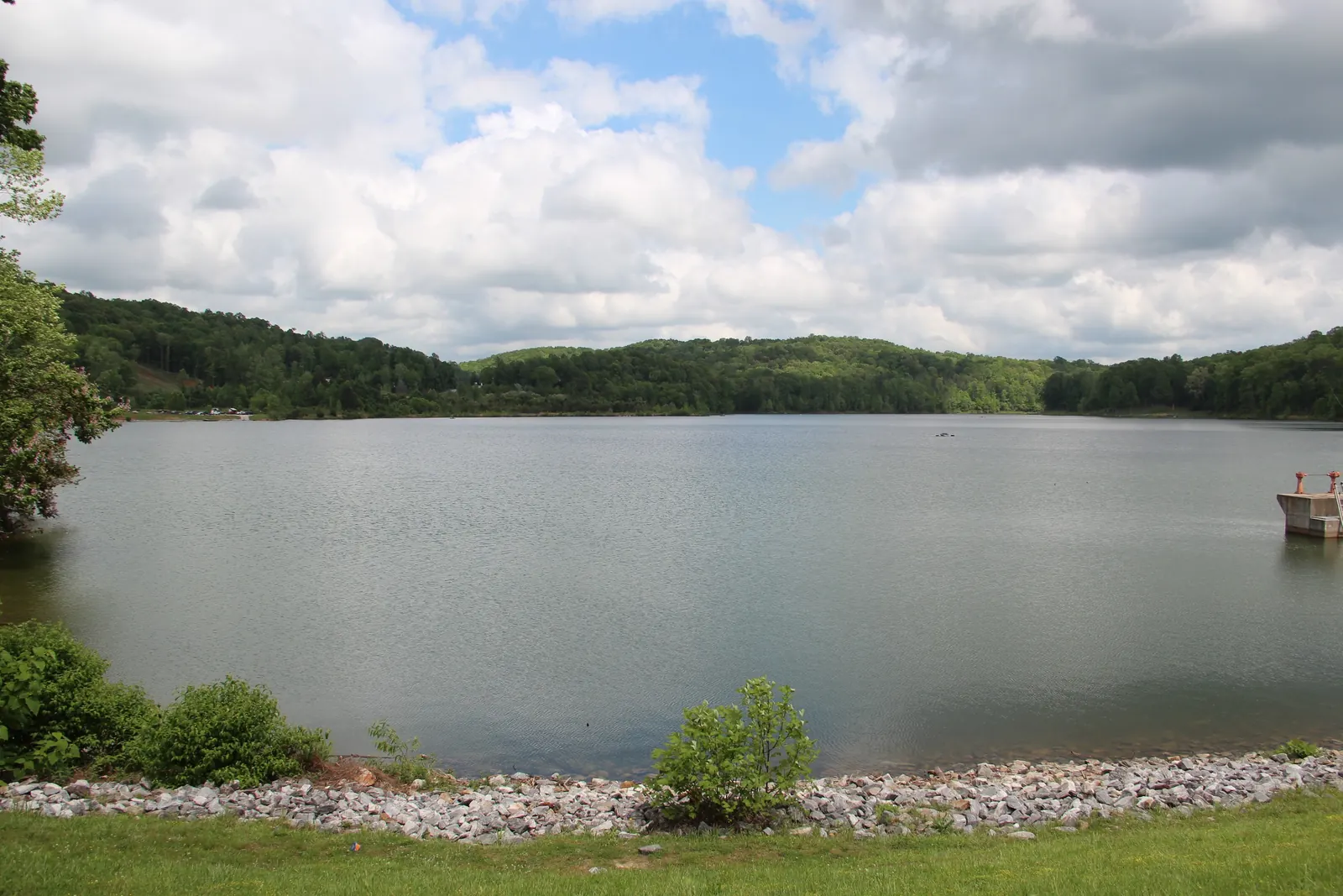 Lake Zwerner under a big partly cloudy sky: wide grey-blue water, a forested low ridge along the far shore, a riprap rock edge and mowed grass in the foreground, a small concrete intake structure at right edge, flowering shrub at left.