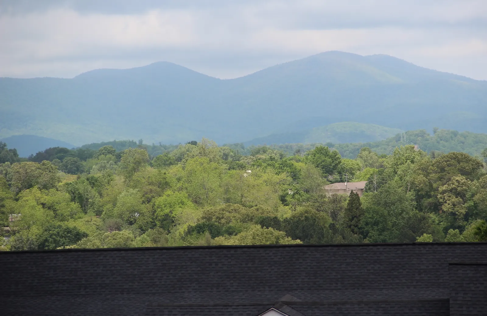 Telephoto view of two hazy blue-green mountain summits (Long and Gooch Mountains) above a lower band of bright spring-green treetops with one rooftop peeking through; a dark shingled roof edge runs across the bottom fifth of the frame. Grey overcast sky.